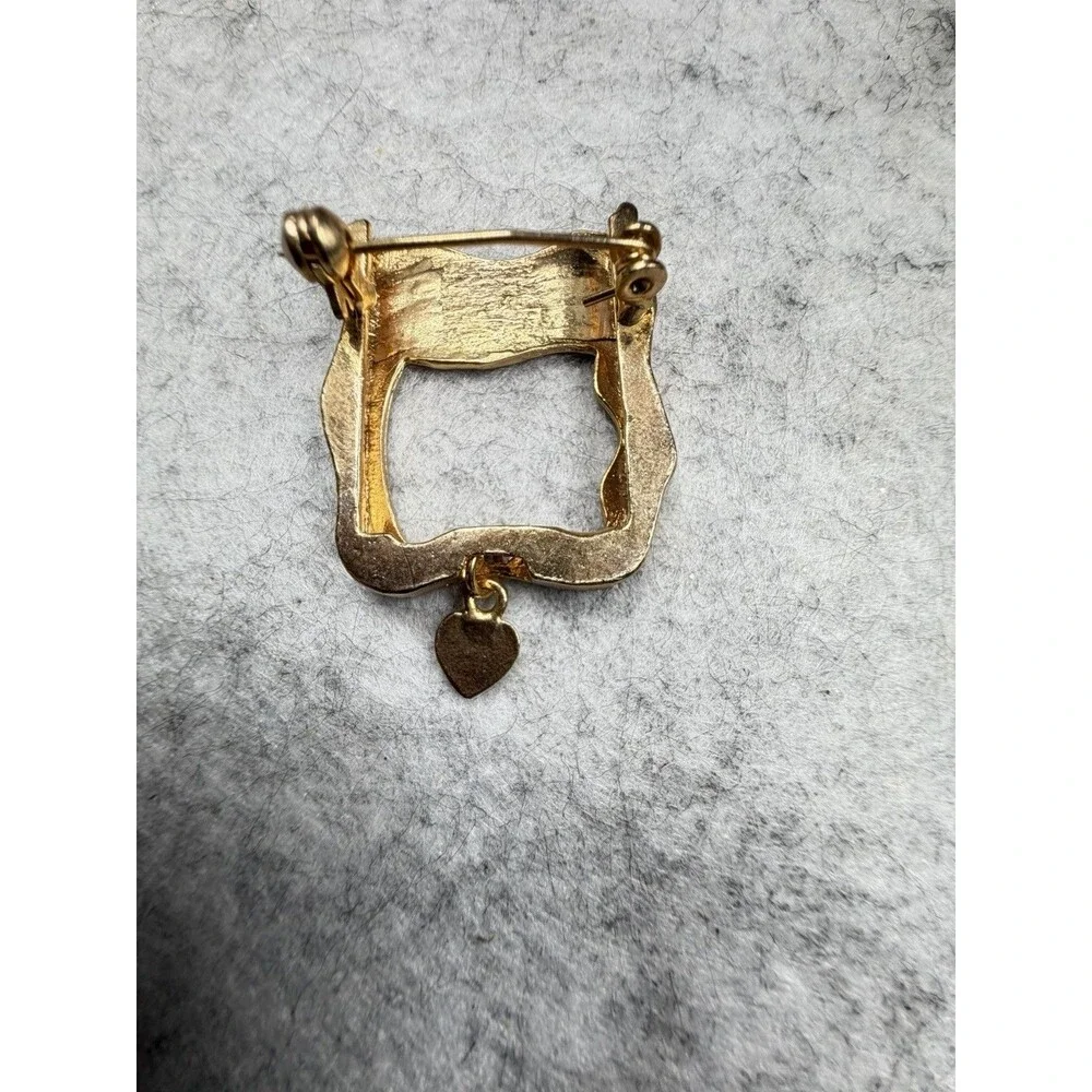 Vintage Gold Tone Modernist Open Square Brooch Heart Dangle Abstract Pin